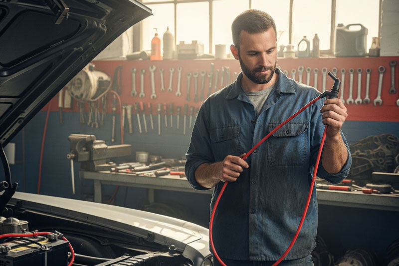 یک مکانیک در حال بررسی وایر شمع جدید در کنار موتور خودرو و باتری، برای آموزش تعویض وایر شمع.