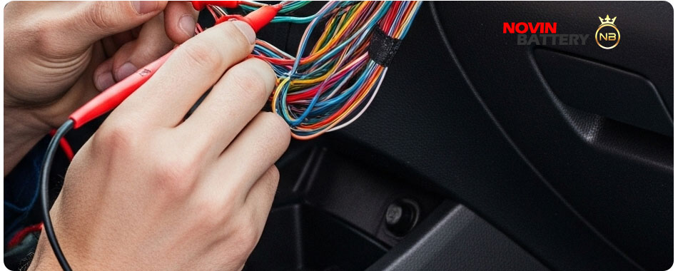 برق‌کار متخصص در حال بررسی سیم‌کشی و عیب‌یابی علت پریدن فیوز خودرو