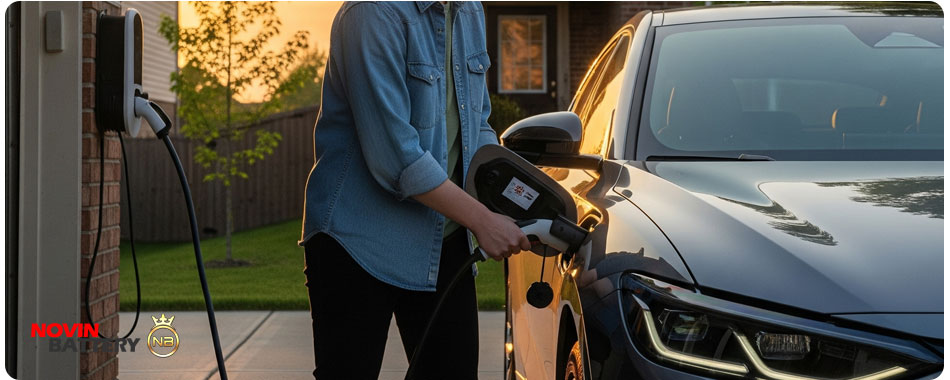 یک جوان در حال شارژ کردن خودروی برقی خاکستری رنگ خود در حیاط منزل، با غروب آفتاب و خانه مسکونی در پس‌زمینه.