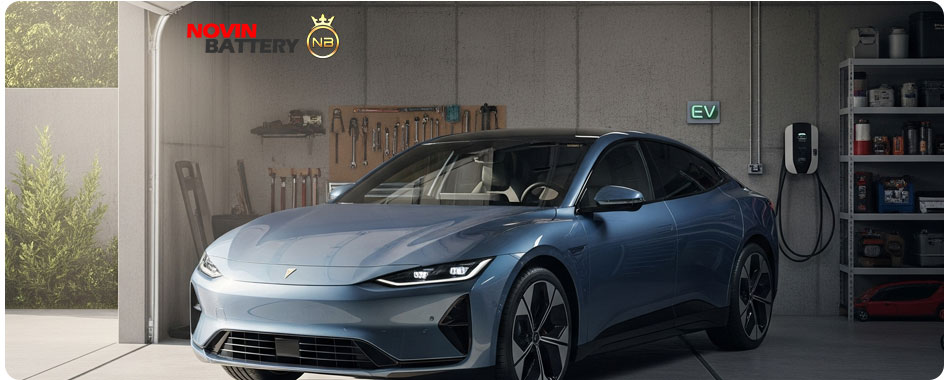 پارک کردن خودروی برقی در پارکینگ مسقف: یک خودروی برقی مدرن که در یک پارکینگ تمیز و مسقف پارک شده تا از باتری آن در برابر دماهای شدید محافظت شود.

