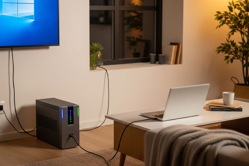 دستگاه برق اضطراری (UPS) کوچک در کنار تلویزیون و لپ‌تاپ در خانه، نشان‌دهنده امنیت لوازم الکترونیکی در زمان قطعی برق
