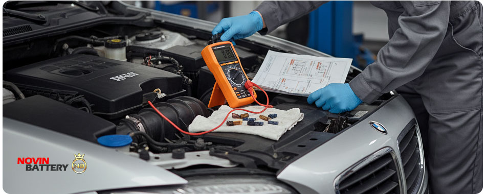 تشخیص و رفع برق دزدی ماشین: کابوس تمامشدنی باتری! 🔋💡 4 تکنسین در حال بررسی جعبه فیوز خودرو برای پیدا کردن مدار معیوب و رفع مشکل برق دزدی ماشین. ابزارها و اتصالات سیمکشی قابل مشاهده است.