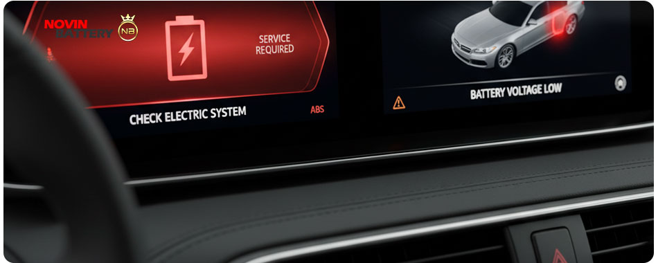 تشخیص و رفع برق دزدی ماشین: کابوس تمامشدنی باتری! 🔋💡 2 صفحه نمایش خودرو با چراغ هشدار باتری و پیامهای خطای الکتریکی.