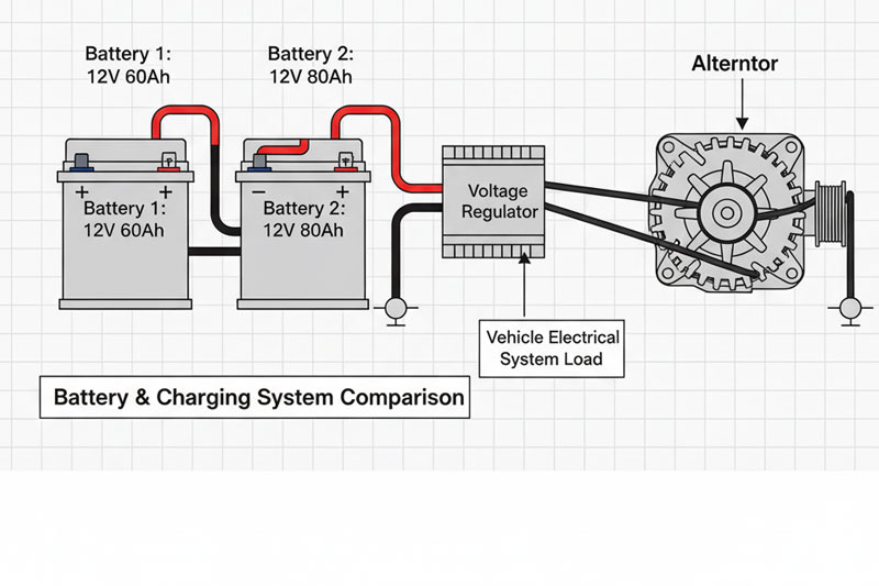 نمودار مقایسه توان دینام و باتری برای تعویض باطری با آمپری بالاتر