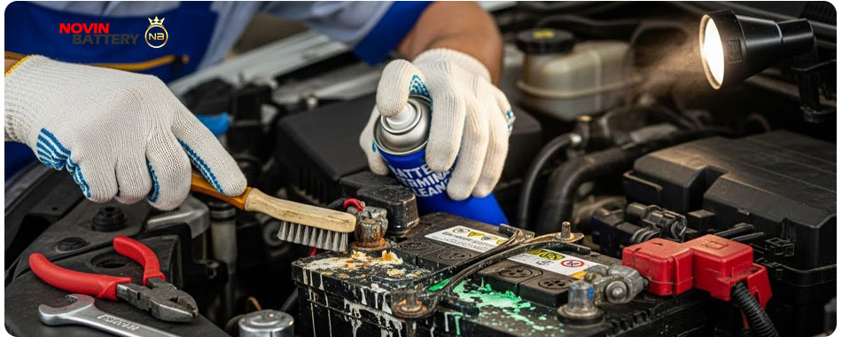 نحوه تعویض باتری ماشین توسط متخصص و تست ولتاژ دینام