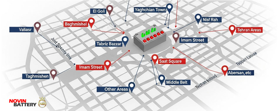 نقشه پوشش‌دهی مناطق تبریز برای خدمات امداد باتری شبانه روزی