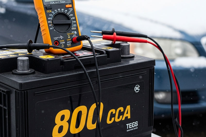 CCA در باتری چیست؟ مولتی‌متر و باتری خودرو در دمای سرد، نشان‌دهنده اهمیت قدرت استارت سرد